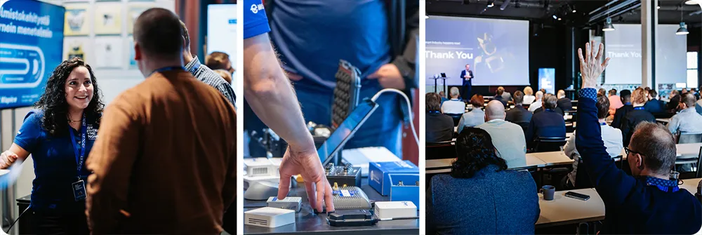 Images of people talking at the event, different appliances on show and a man preparing to ask a question